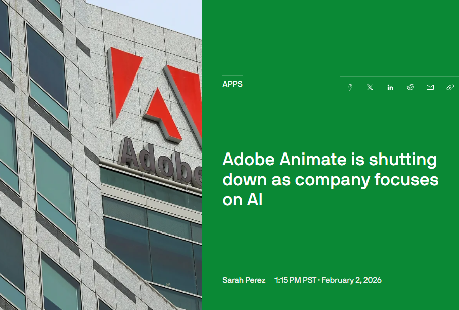 News article from TechCrunch with the headline "Adobe Animate is shutting down as company focuses on AI"